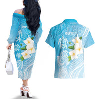 Personalized Guam Chamorro Couples Matching Off The Shoulder Long Sleeve Dress and Hawaiian Shirt Turtles and Guasali Flowers LT7 - Polynesian Pride