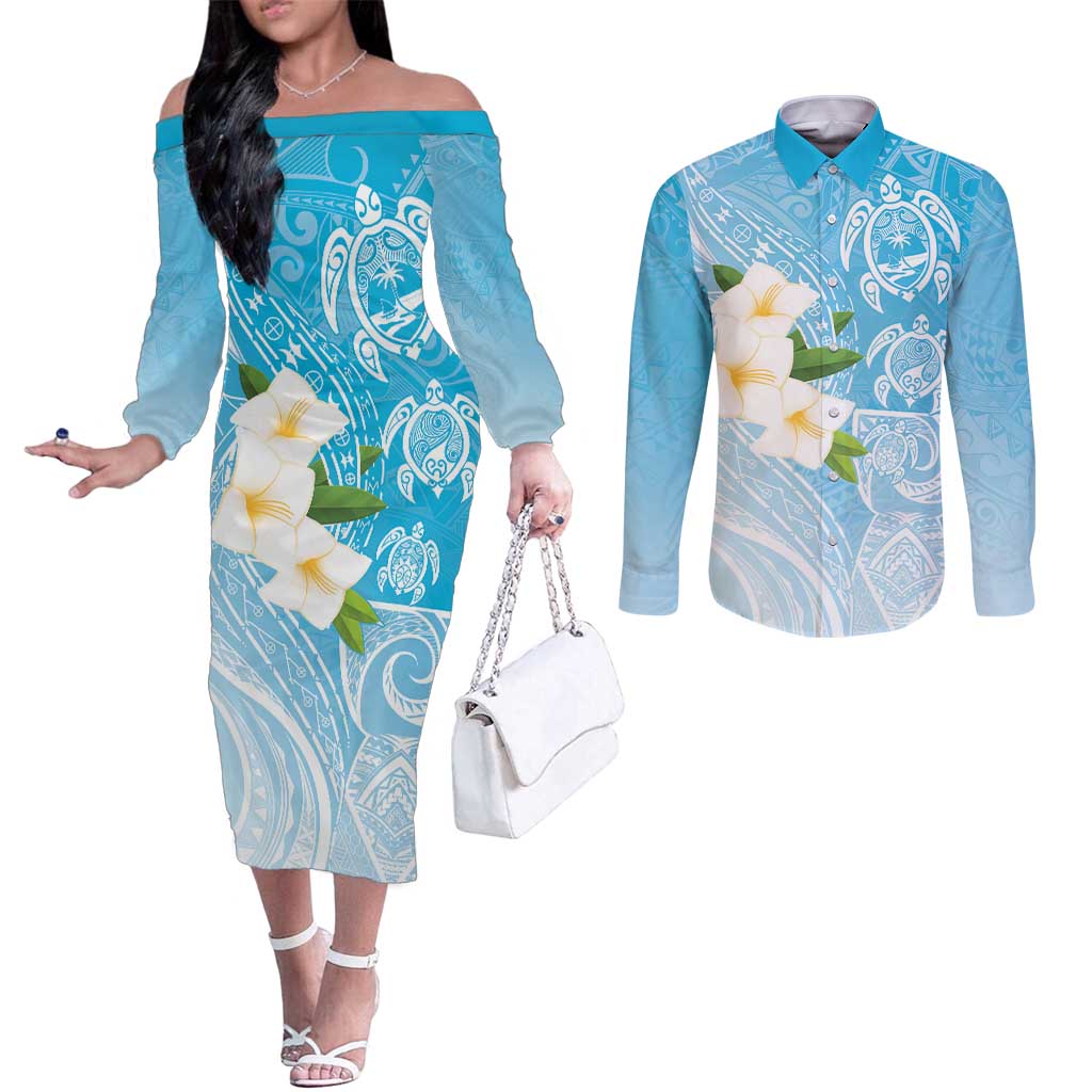 Personalized Guam Chamorro Couples Matching Off The Shoulder Long Sleeve Dress and Long Sleeve Button Shirt Turtles and Guasali Flowers LT7 Turquoise - Polynesian Pride