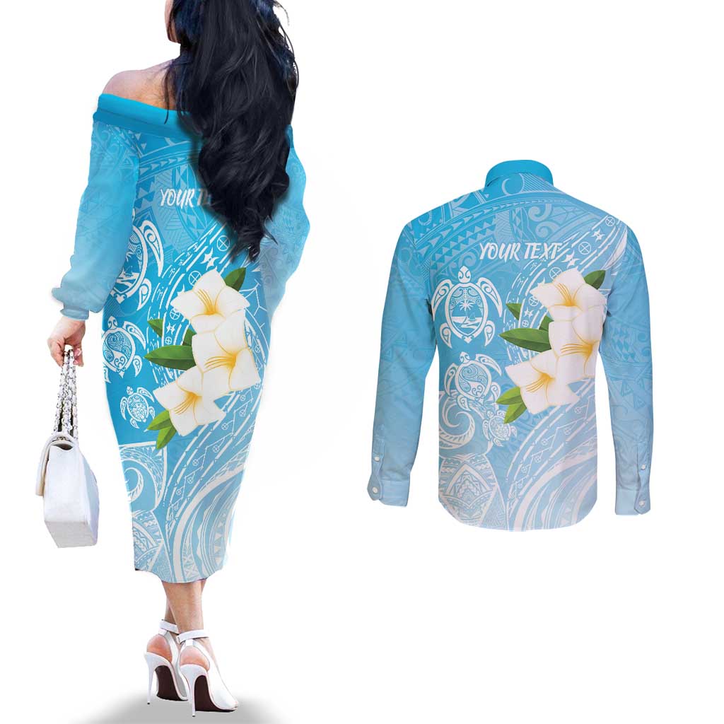 Personalized Guam Chamorro Couples Matching Off The Shoulder Long Sleeve Dress and Long Sleeve Button Shirt Turtles and Guasali Flowers LT7 - Polynesian Pride