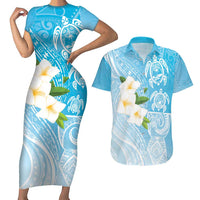 Personalized Guam Chamorro Couples Matching Short Sleeve Bodycon Dress and Hawaiian Shirt Turtles and Guasali Flowers LT7 Turquoise - Polynesian Pride