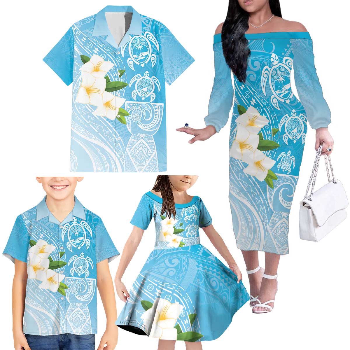 Personalized Guam Chamorro Family Matching Off The Shoulder Long Sleeve Dress and Hawaiian Shirt Turtles and Guasali Flowers LT7 - Polynesian Pride