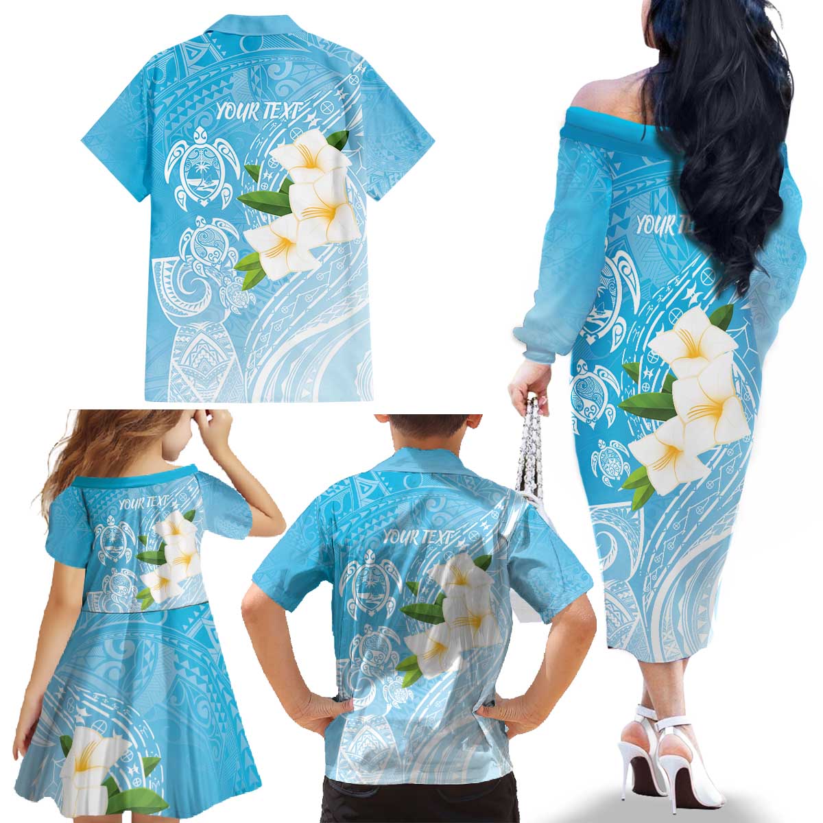 Personalized Guam Chamorro Family Matching Off The Shoulder Long Sleeve Dress and Hawaiian Shirt Turtles and Guasali Flowers LT7 - Polynesian Pride