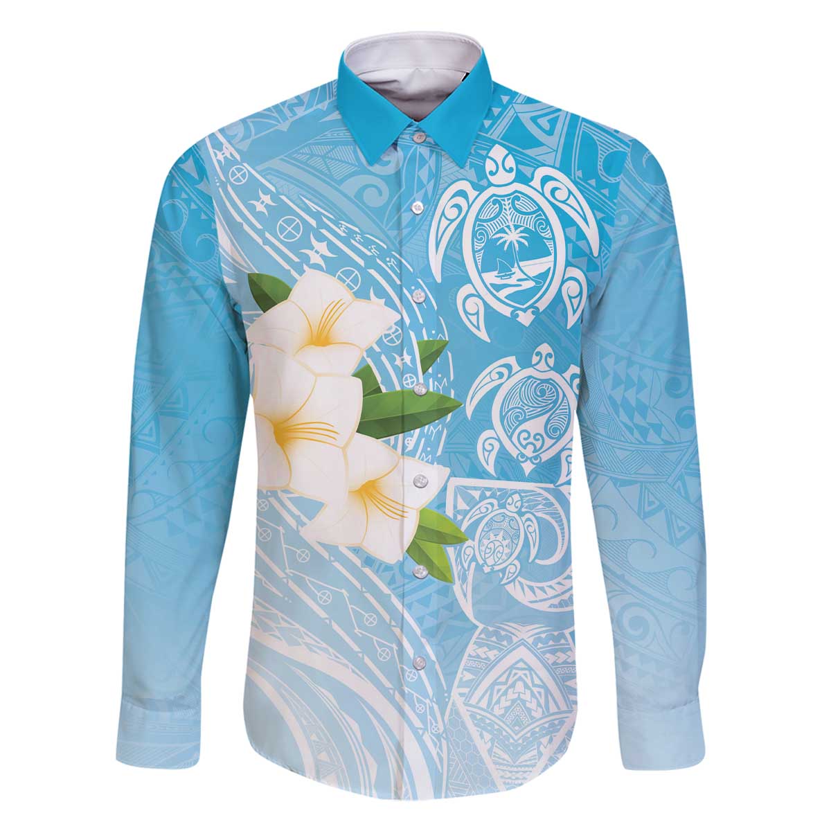 Personalized Guam Chamorro Family Matching Off The Shoulder Long Sleeve Dress and Hawaiian Shirt Turtles and Guasali Flowers LT7 Dad's Shirt - Long Sleeve Turquoise - Polynesian Pride