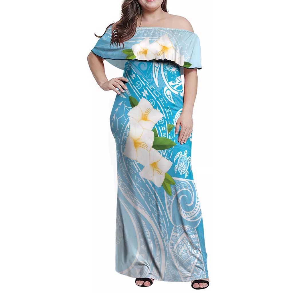 Personalized Guam Chamorro Family Matching Off Shoulder Maxi Dress and Hawaiian Shirt Turtles and Guasali Flowers LT7 Mom's Dress Turquoise - Polynesian Pride
