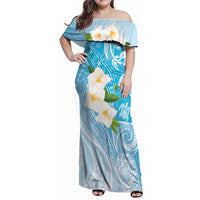 Personalized Guam Chamorro Family Matching Off Shoulder Maxi Dress and Hawaiian Shirt Turtles and Guasali Flowers LT7 Mom's Dress Turquoise - Polynesian Pride