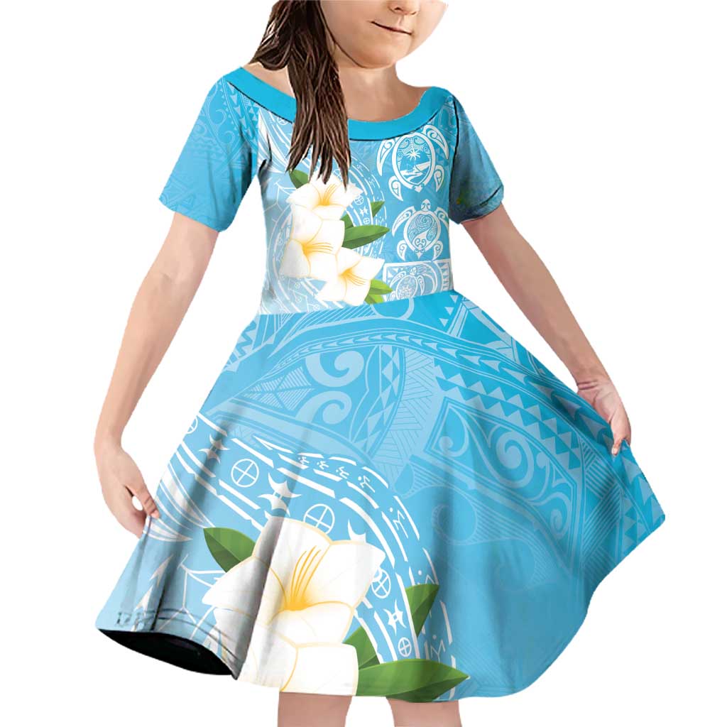 Personalized Guam Chamorro Family Matching Off Shoulder Short Dress and Hawaiian Shirt Turtles and Guasali Flowers LT7 Daughter's Dress Turquoise - Polynesian Pride