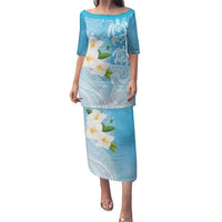 Personalized Guam Chamorro Family Matching Puletasi and Hawaiian Shirt Turtles and Guasali Flowers LT7 Mom's Dress Turquoise - Polynesian Pride