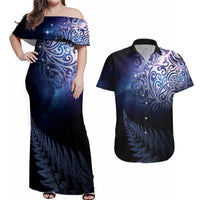 New Zealand Aotearoa Matariki Couples Matching Off Shoulder Maxi Dress and Hawaiian Shirt Starry Silver Fern LT7 Galaxy - Polynesian Pride