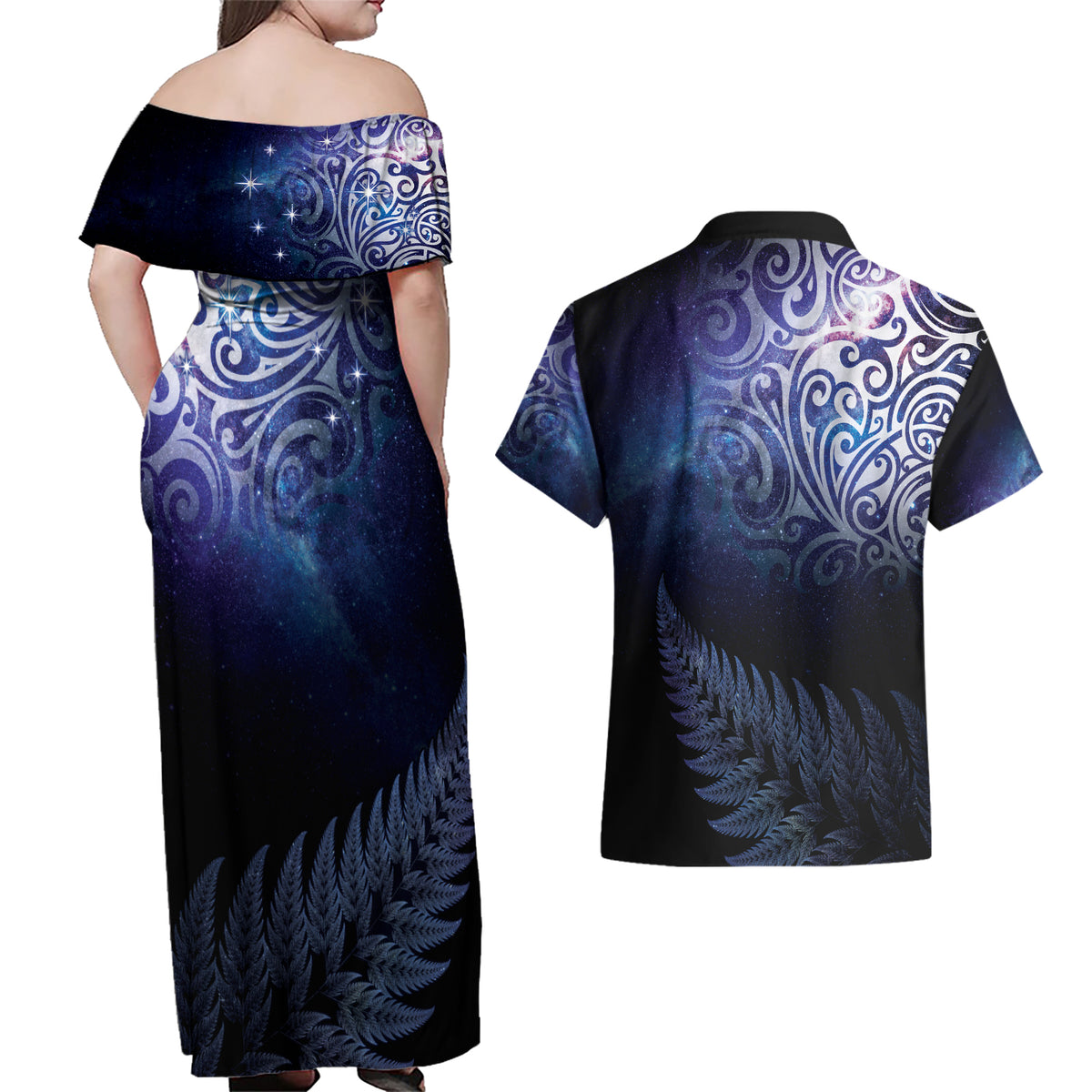 New Zealand Aotearoa Matariki Couples Matching Off Shoulder Maxi Dress and Hawaiian Shirt Starry Silver Fern LT7 - Polynesian Pride