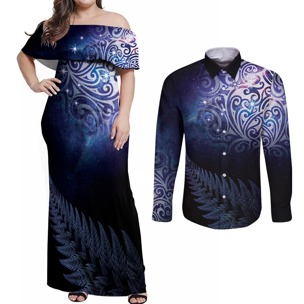 New Zealand Aotearoa Matariki Couples Matching Off Shoulder Maxi Dress and Long Sleeve Button Shirt Starry Silver Fern LT7 Galaxy - Polynesian Pride