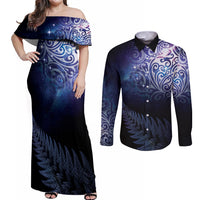 New Zealand Aotearoa Matariki Couples Matching Off Shoulder Maxi Dress and Long Sleeve Button Shirt Starry Silver Fern LT7 Galaxy - Polynesian Pride