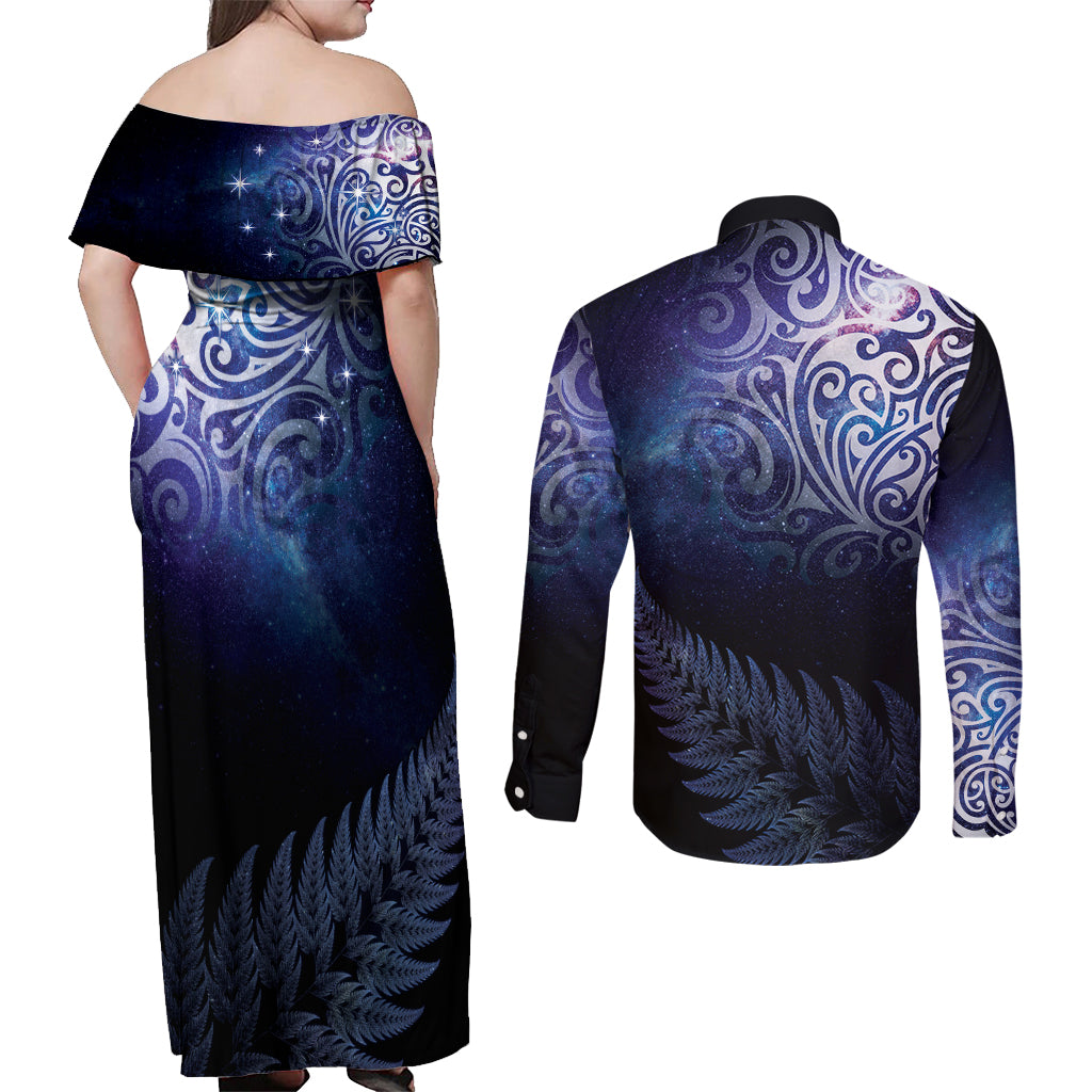 New Zealand Aotearoa Matariki Couples Matching Off Shoulder Maxi Dress and Long Sleeve Button Shirt Starry Silver Fern LT7 - Polynesian Pride