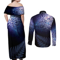 New Zealand Aotearoa Matariki Couples Matching Off Shoulder Maxi Dress and Long Sleeve Button Shirt Starry Silver Fern LT7 - Polynesian Pride