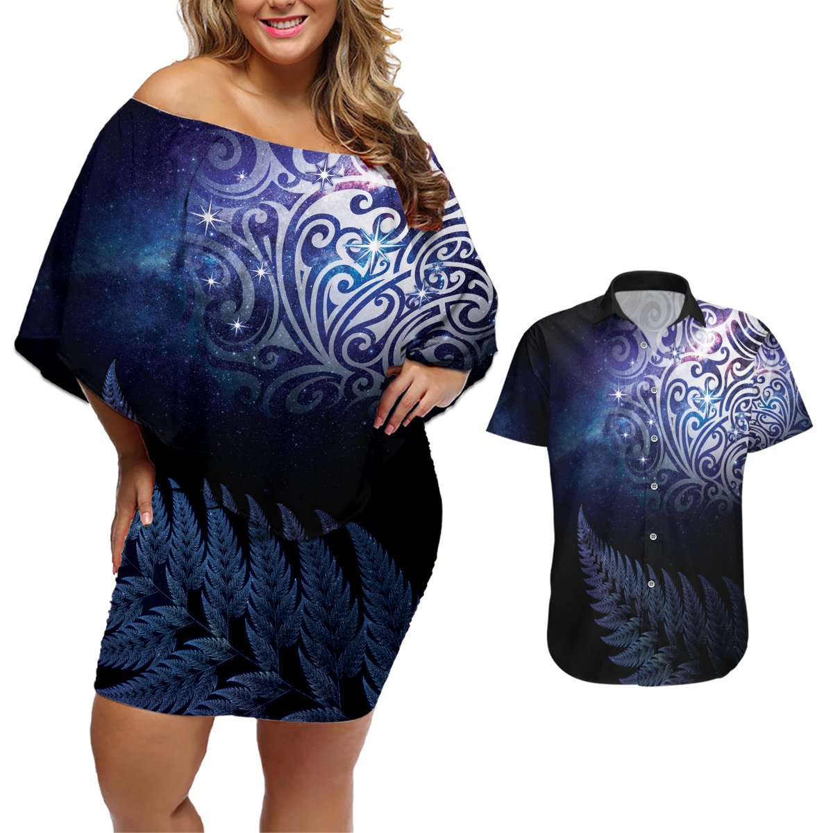 New Zealand Aotearoa Matariki Couples Matching Off Shoulder Short Dress and Hawaiian Shirt Starry Silver Fern LT7 Galaxy - Polynesian Pride