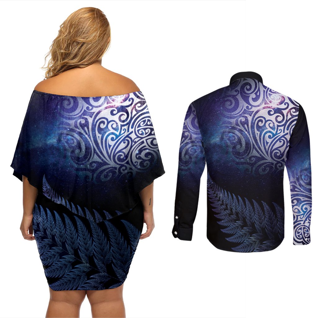 New Zealand Aotearoa Matariki Couples Matching Off Shoulder Short Dress and Long Sleeve Button Shirt Starry Silver Fern LT7 - Polynesian Pride