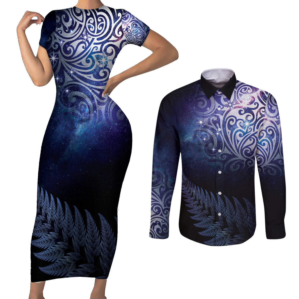 New Zealand Aotearoa Matariki Couples Matching Short Sleeve Bodycon Dress and Long Sleeve Button Shirt Starry Silver Fern LT7 Galaxy - Polynesian Pride