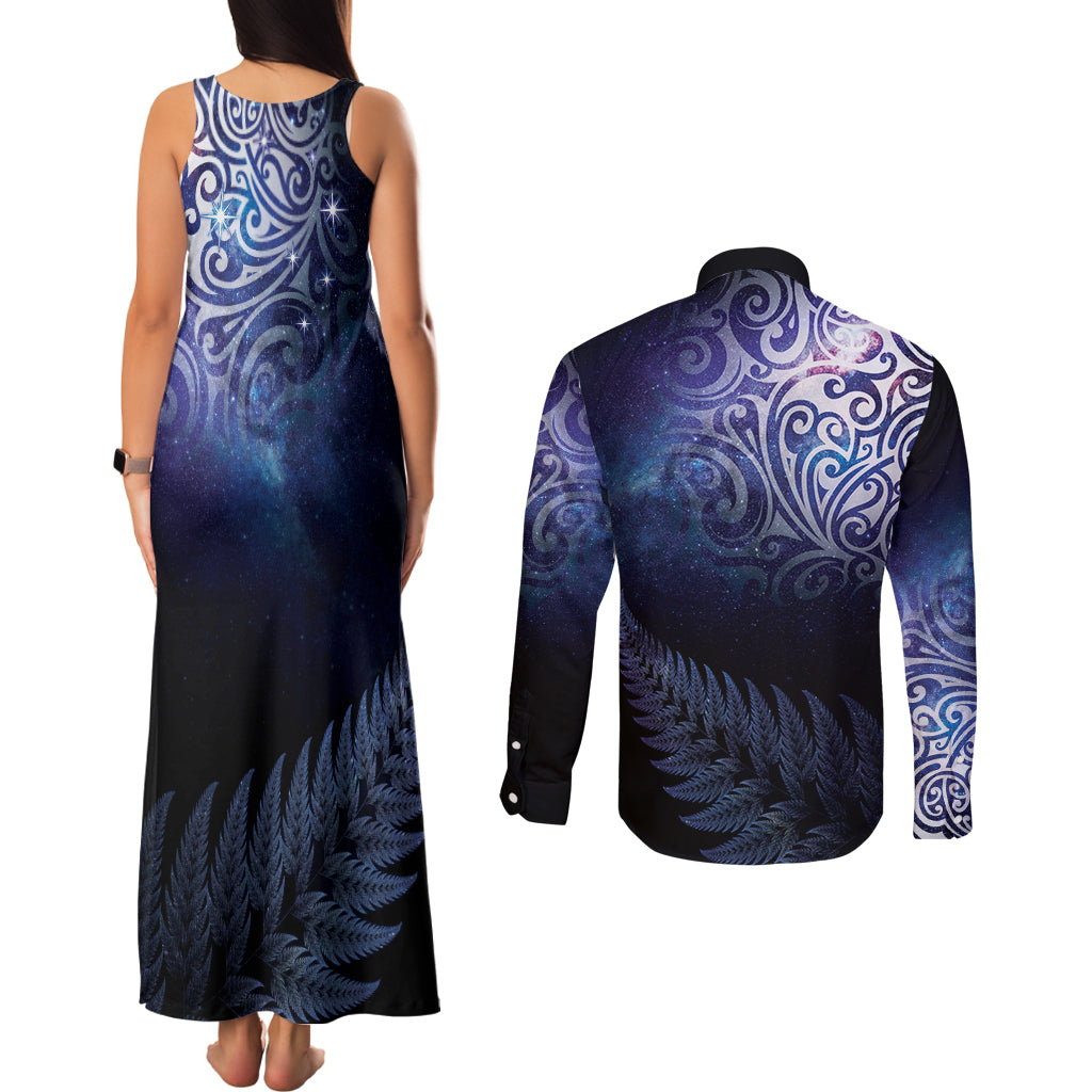 New Zealand Aotearoa Matariki Couples Matching Tank Maxi Dress and Long Sleeve Button Shirt Starry Silver Fern LT7 - Polynesian Pride