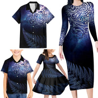 New Zealand Aotearoa Matariki Family Matching Long Sleeve Bodycon Dress and Hawaiian Shirt Starry Silver Fern LT7 - Polynesian Pride