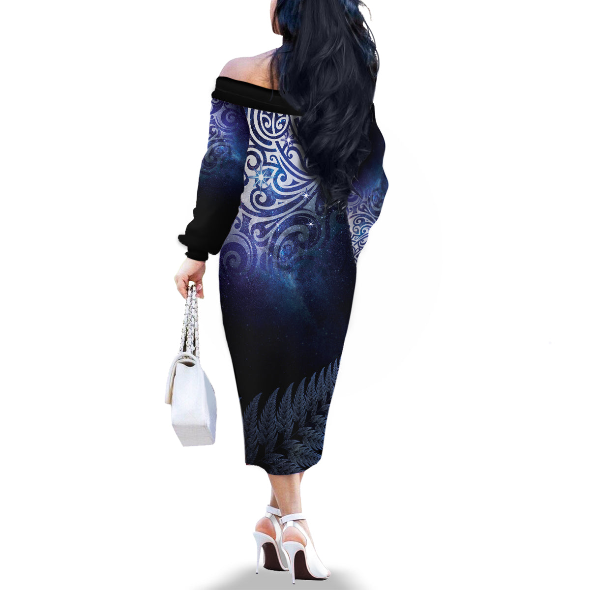 New Zealand Aotearoa Matariki Family Matching Off The Shoulder Long Sleeve Dress and Hawaiian Shirt Starry Silver Fern LT7 - Polynesian Pride