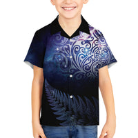 New Zealand Aotearoa Matariki Family Matching Off The Shoulder Long Sleeve Dress and Hawaiian Shirt Starry Silver Fern LT7 Son's Shirt Galaxy - Polynesian Pride