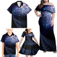 New Zealand Aotearoa Matariki Family Matching Off Shoulder Maxi Dress and Hawaiian Shirt Starry Silver Fern LT7 - Polynesian Pride