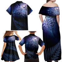 New Zealand Aotearoa Matariki Family Matching Off Shoulder Maxi Dress and Hawaiian Shirt Starry Silver Fern LT7 - Polynesian Pride