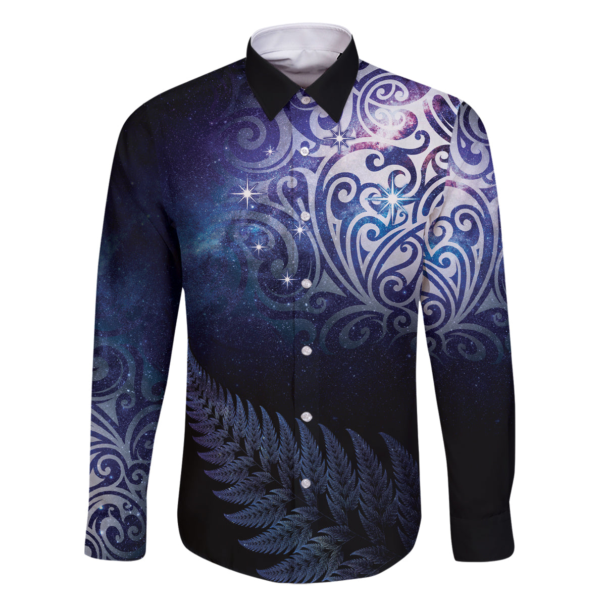 New Zealand Aotearoa Matariki Family Matching Off Shoulder Maxi Dress and Hawaiian Shirt Starry Silver Fern LT7 Dad's Shirt - Long Sleeve Galaxy - Polynesian Pride