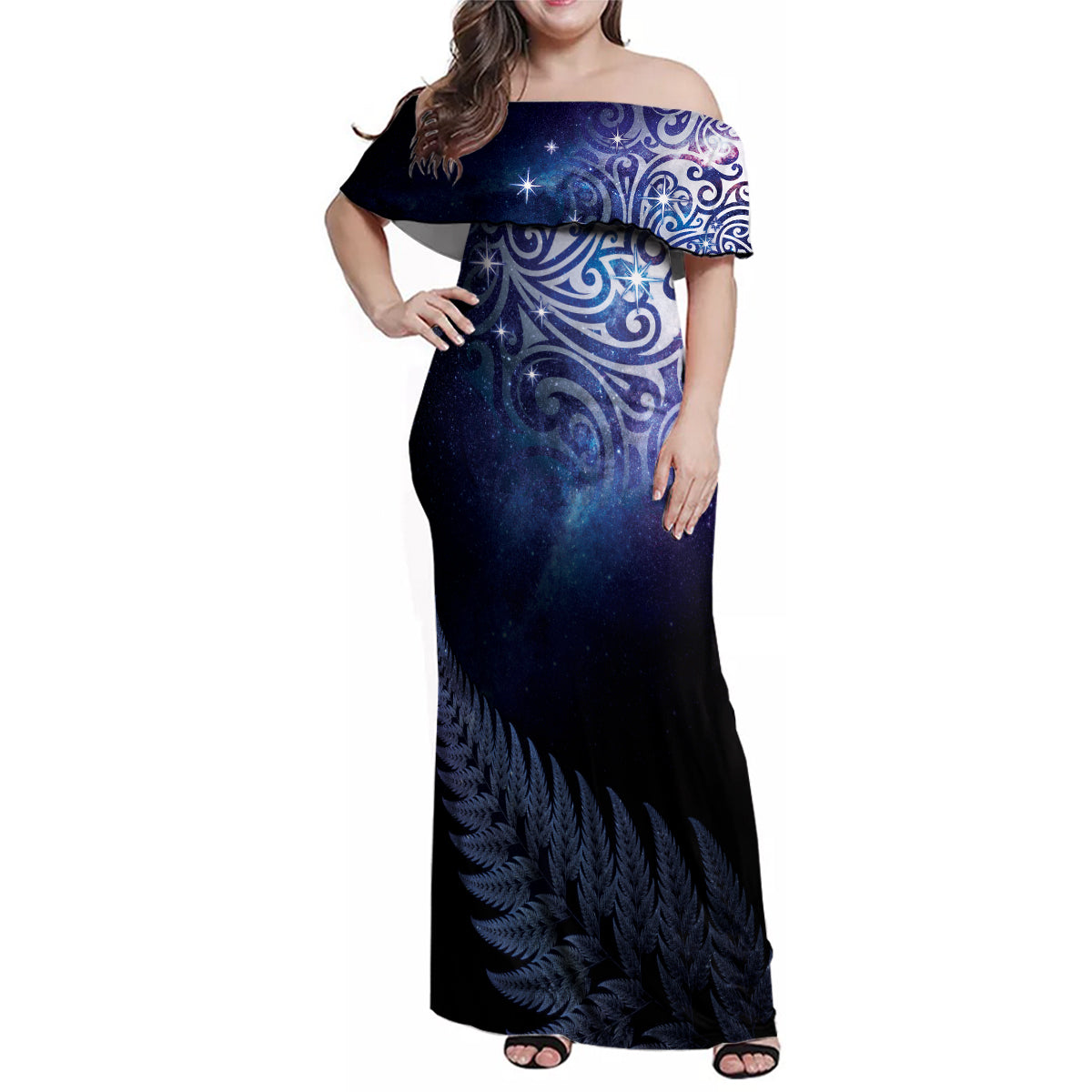 New Zealand Aotearoa Matariki Family Matching Off Shoulder Maxi Dress and Hawaiian Shirt Starry Silver Fern LT7 Mom's Dress Galaxy - Polynesian Pride