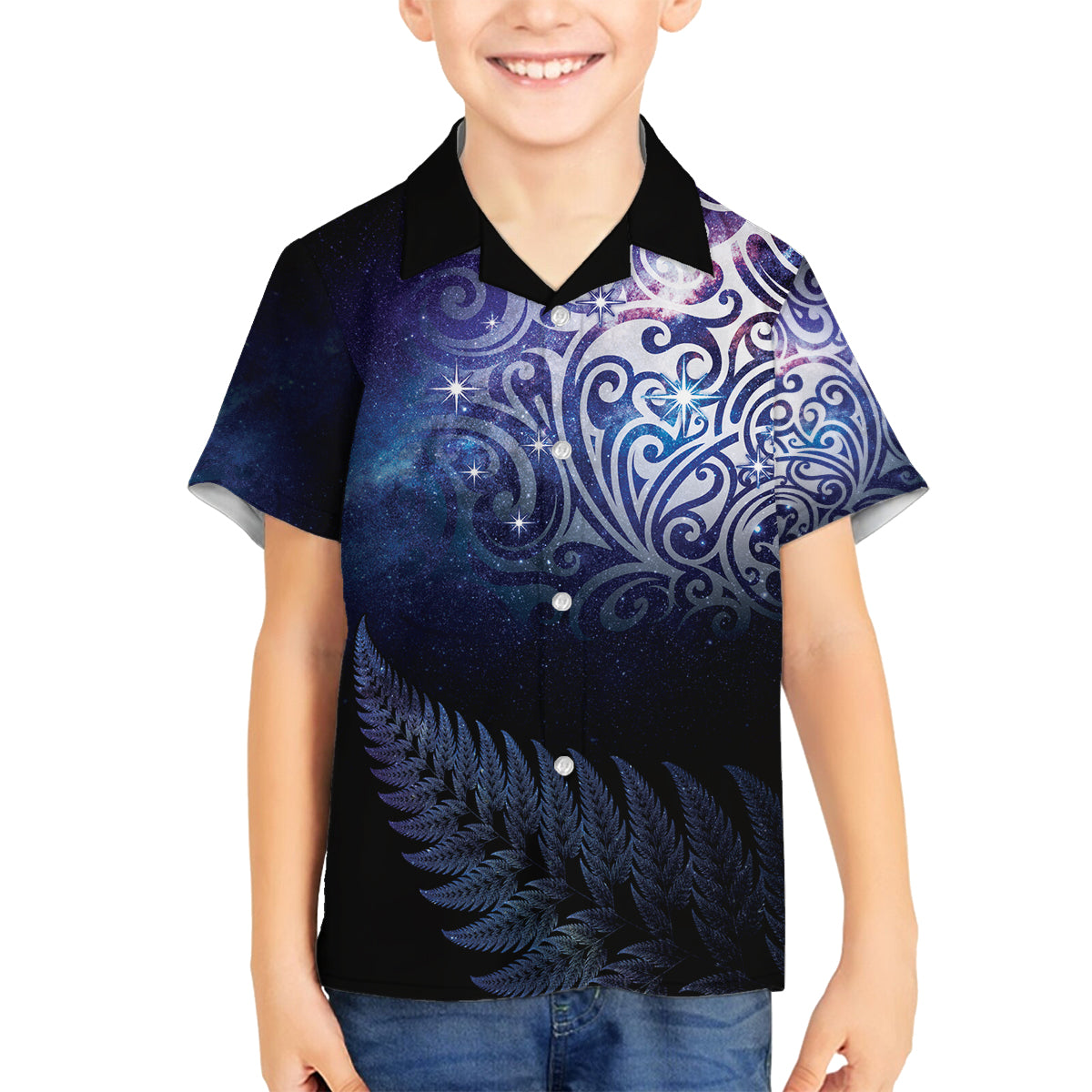 New Zealand Aotearoa Matariki Family Matching Off Shoulder Maxi Dress and Hawaiian Shirt Starry Silver Fern LT7 Son's Shirt Galaxy - Polynesian Pride
