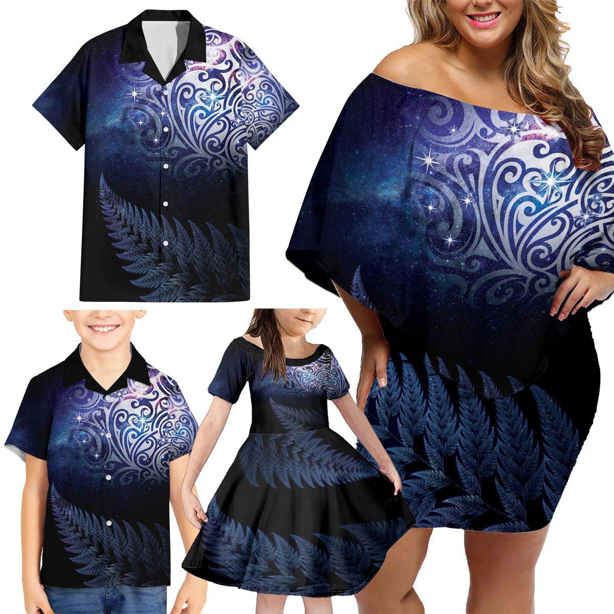 New Zealand Aotearoa Matariki Family Matching Off Shoulder Short Dress and Hawaiian Shirt Starry Silver Fern LT7 - Polynesian Pride