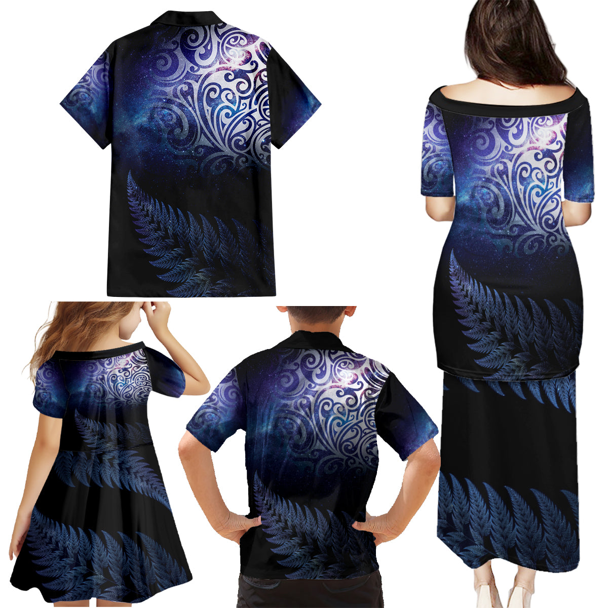 New Zealand Aotearoa Matariki Family Matching Puletasi and Hawaiian Shirt Starry Silver Fern LT7 - Polynesian Pride