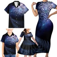 New Zealand Aotearoa Matariki Family Matching Short Sleeve Bodycon Dress and Hawaiian Shirt Starry Silver Fern LT7 - Polynesian Pride