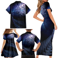 New Zealand Aotearoa Matariki Family Matching Short Sleeve Bodycon Dress and Hawaiian Shirt Starry Silver Fern LT7 - Polynesian Pride
