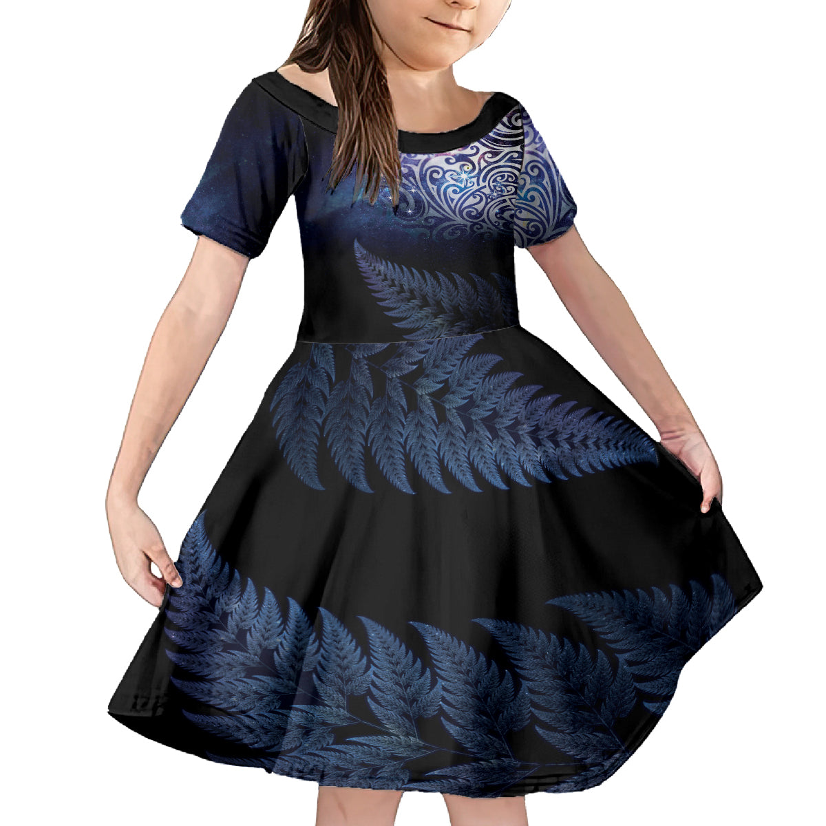 New Zealand Aotearoa Matariki Family Matching Summer Maxi Dress and Hawaiian Shirt Starry Silver Fern LT7 Daughter's Dress Galaxy - Polynesian Pride