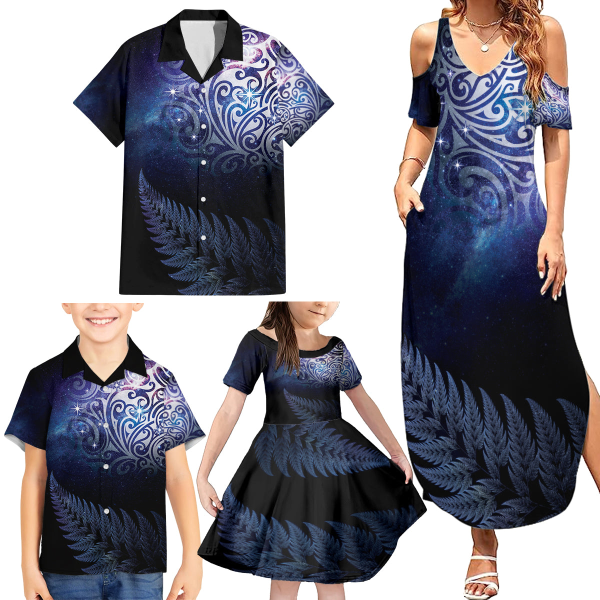 New Zealand Aotearoa Matariki Family Matching Summer Maxi Dress and Hawaiian Shirt Starry Silver Fern LT7 - Polynesian Pride