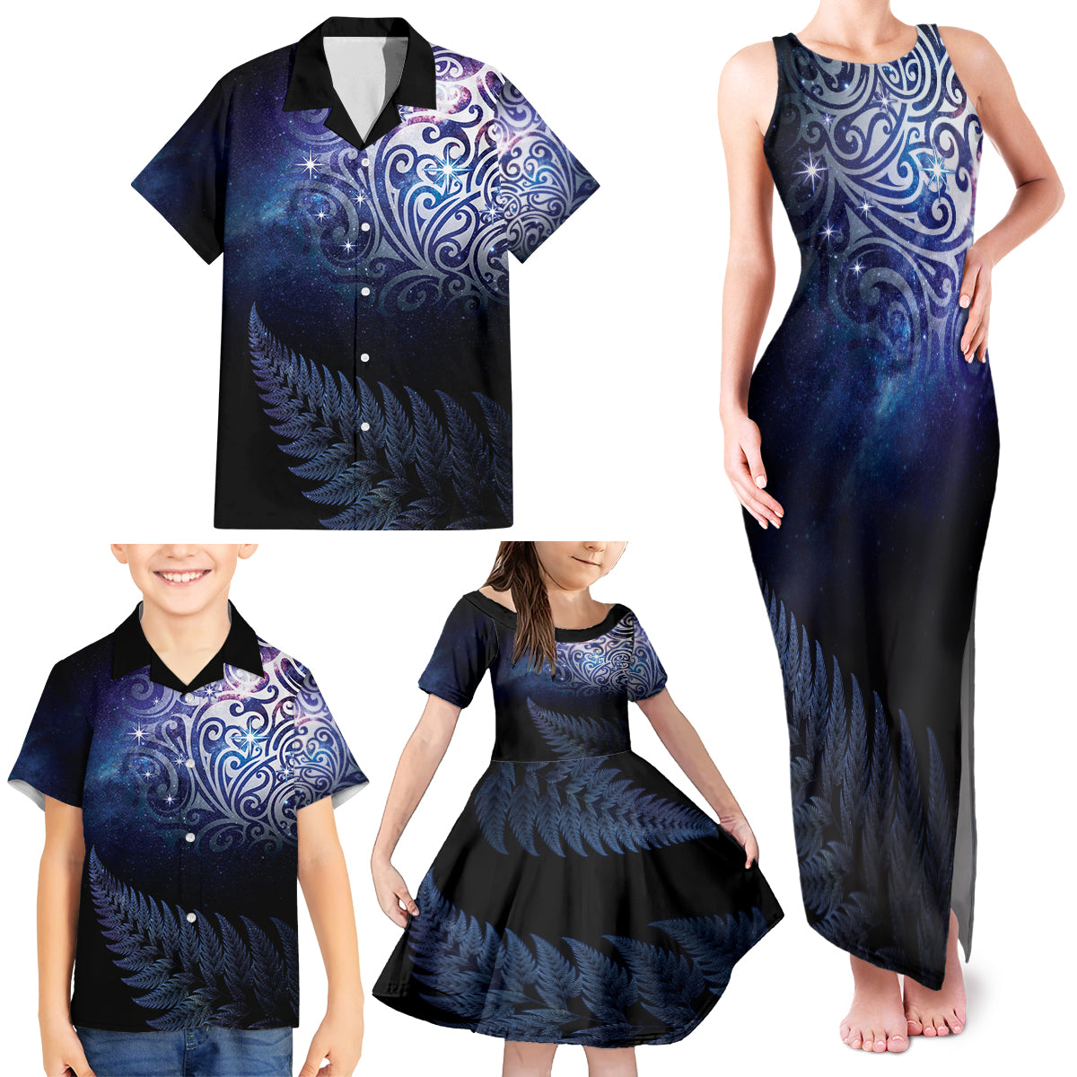 New Zealand Aotearoa Matariki Family Matching Tank Maxi Dress and Hawaiian Shirt Starry Silver Fern LT7 - Polynesian Pride