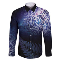 New Zealand Aotearoa Matariki Family Matching Tank Maxi Dress and Hawaiian Shirt Starry Silver Fern LT7 Dad's Shirt - Long Sleeve Galaxy - Polynesian Pride