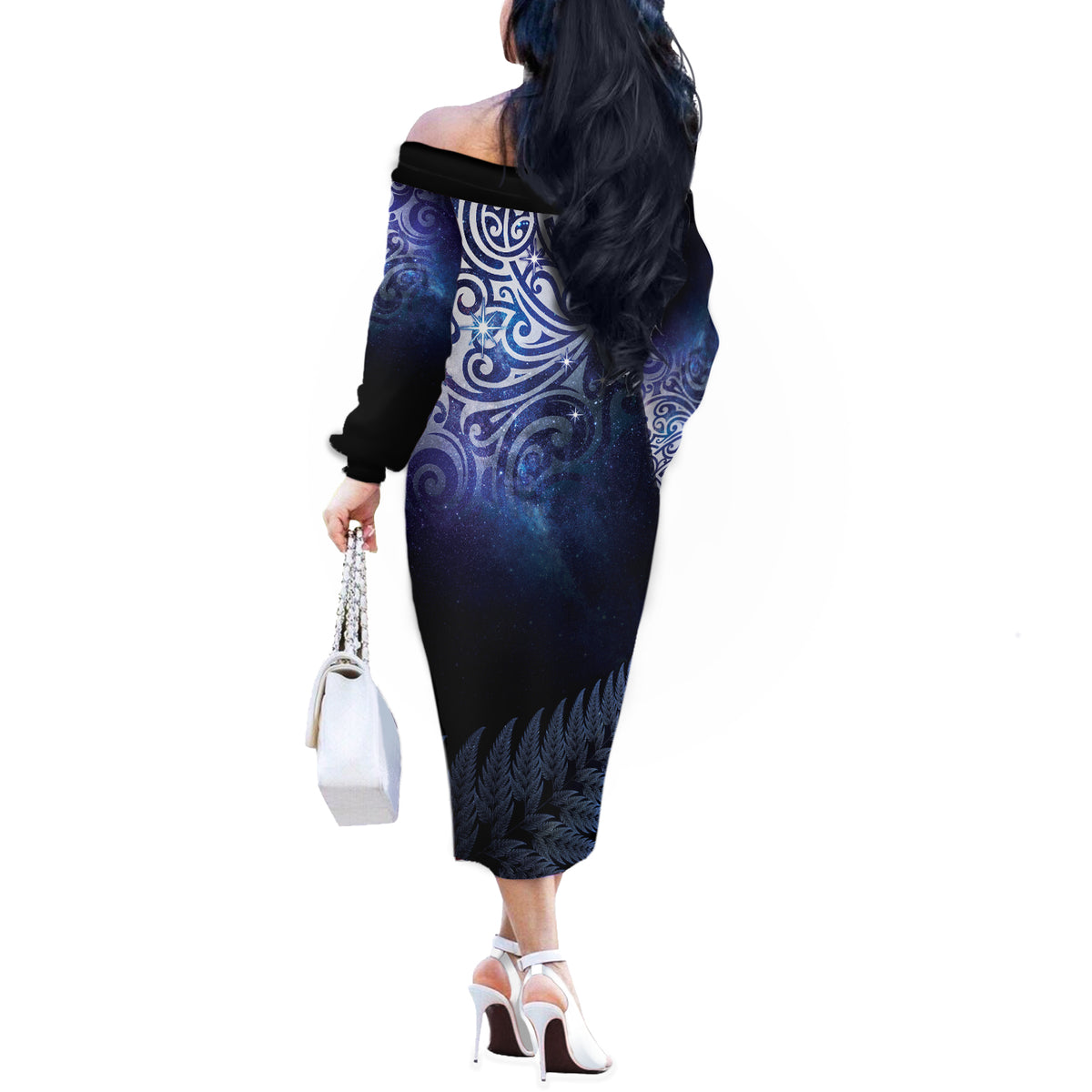 New Zealand Aotearoa Matariki Off The Shoulder Long Sleeve Dress Starry Silver Fern LT7 - Polynesian Pride