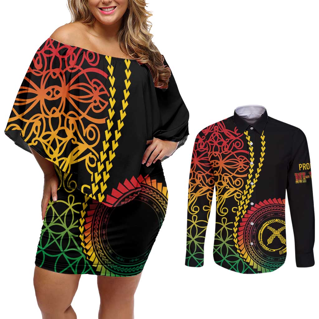 Proudly Ni-Van Sandroing Inspired Classic Style Couples Matching Off Shoulder Short Dress and Long Sleeve Button Shirt LT7 Colorful - Polynesian Pride