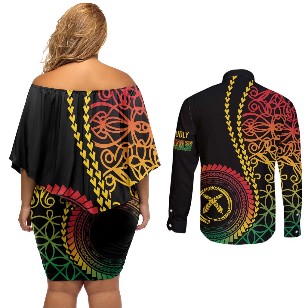 Proudly Ni-Van Sandroing Inspired Classic Style Couples Matching Off Shoulder Short Dress and Long Sleeve Button Shirt LT7 - Polynesian Pride