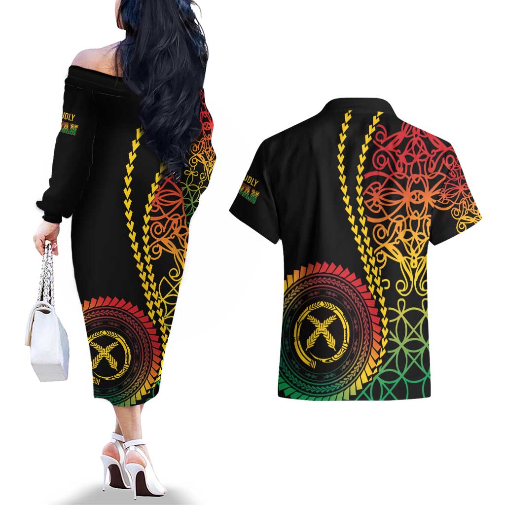 Proudly Ni-Van Sandroing Inspired Classic Style Couples Matching Off The Shoulder Long Sleeve Dress and Hawaiian Shirt LT7 - Polynesian Pride