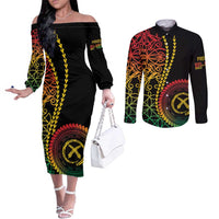 Proudly Ni-Van Sandroing Inspired Classic Style Couples Matching Off The Shoulder Long Sleeve Dress and Long Sleeve Button Shirt LT7 Colorful - Polynesian Pride