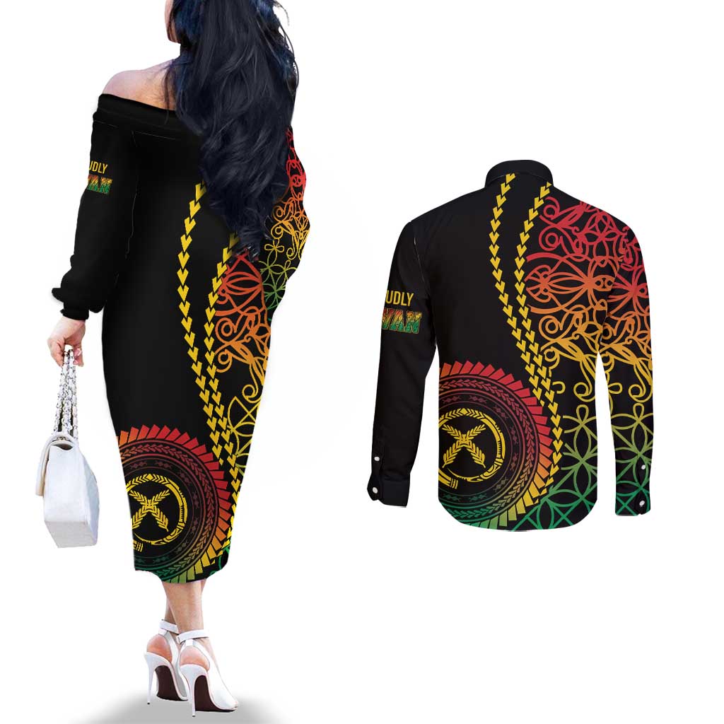 Proudly Ni-Van Sandroing Inspired Classic Style Couples Matching Off The Shoulder Long Sleeve Dress and Long Sleeve Button Shirt LT7 - Polynesian Pride