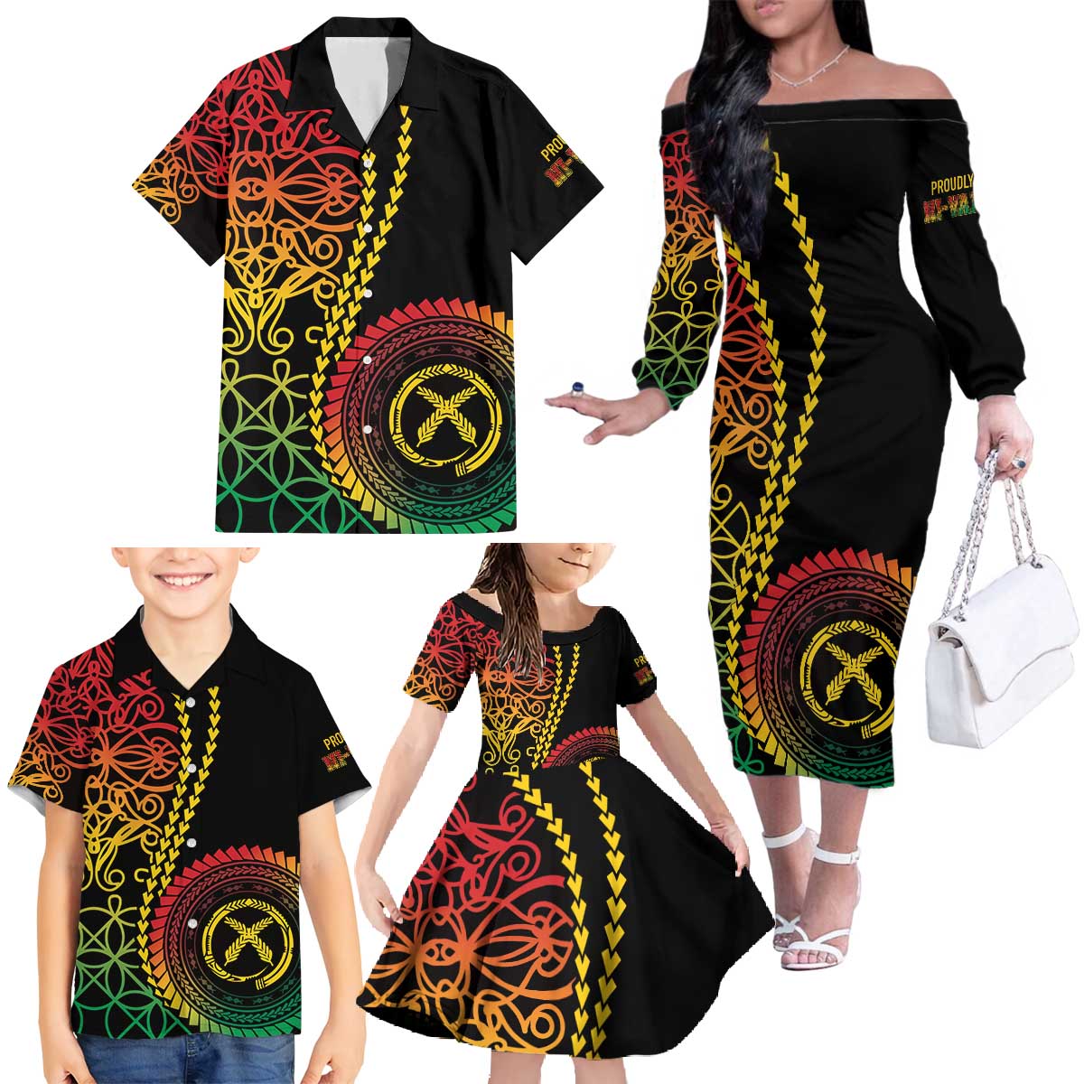 Proudly Ni-Van Sandroing Inspired Classic Style Family Matching Off The Shoulder Long Sleeve Dress and Hawaiian Shirt LT7 - Polynesian Pride