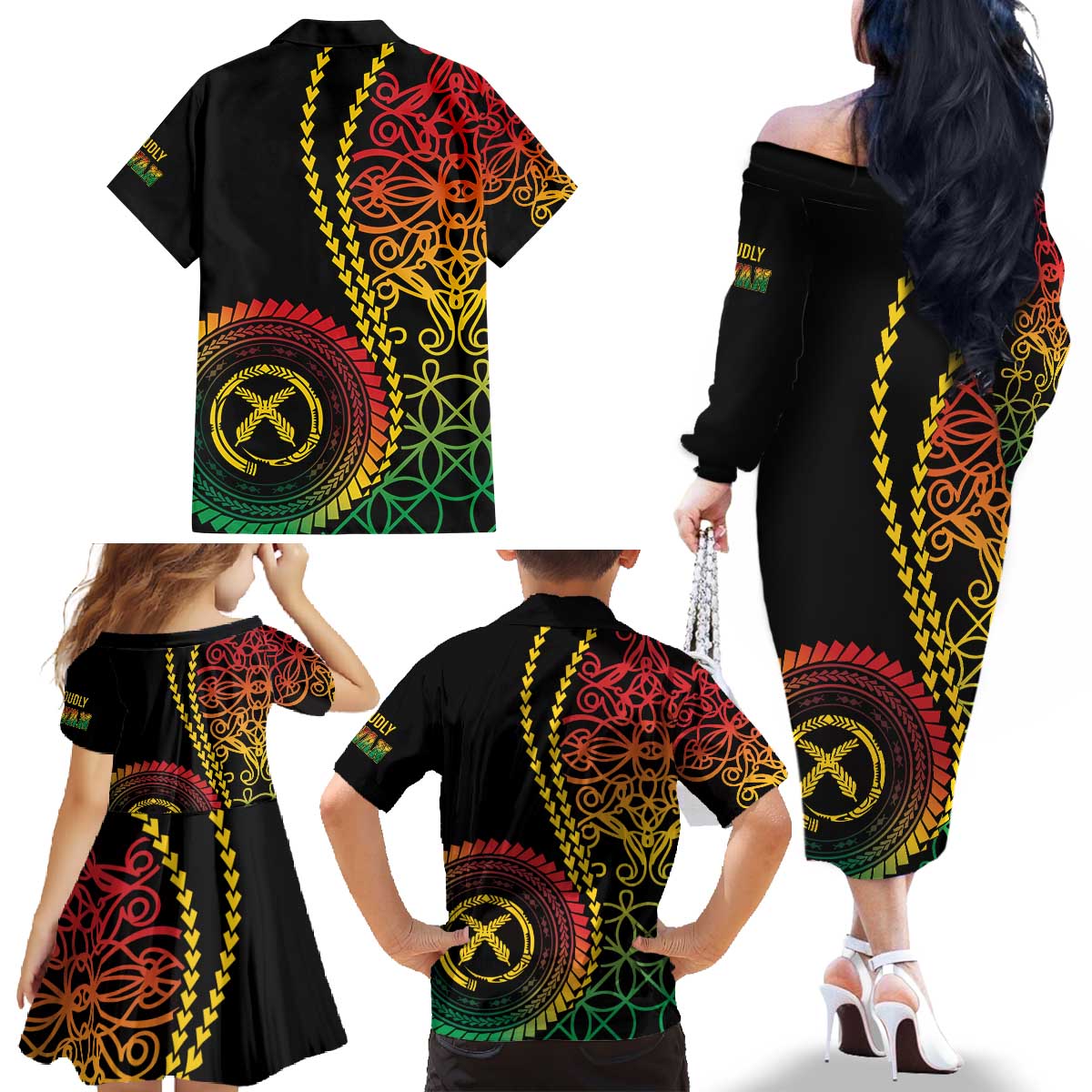 Proudly Ni-Van Sandroing Inspired Classic Style Family Matching Off The Shoulder Long Sleeve Dress and Hawaiian Shirt LT7 - Polynesian Pride