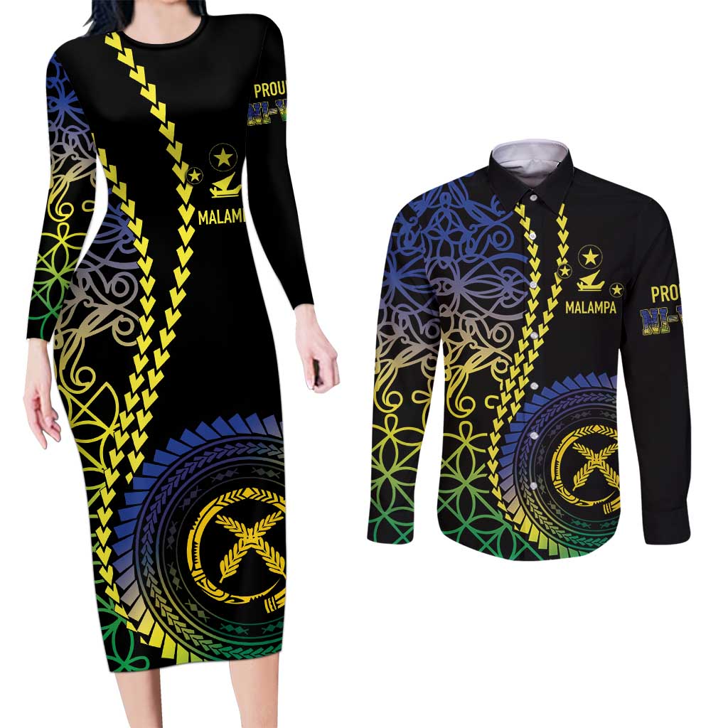 Proudly Ni-Van Sandroing Inspired Couples Matching Long Sleeve Bodycon Dress and Long Sleeve Button Shirt Malampa Classic Style LT7 Colorful - Polynesian Pride
