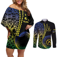 Proudly Ni-Van Sandroing Inspired Couples Matching Off Shoulder Short Dress and Long Sleeve Button Shirt Malampa Classic Style