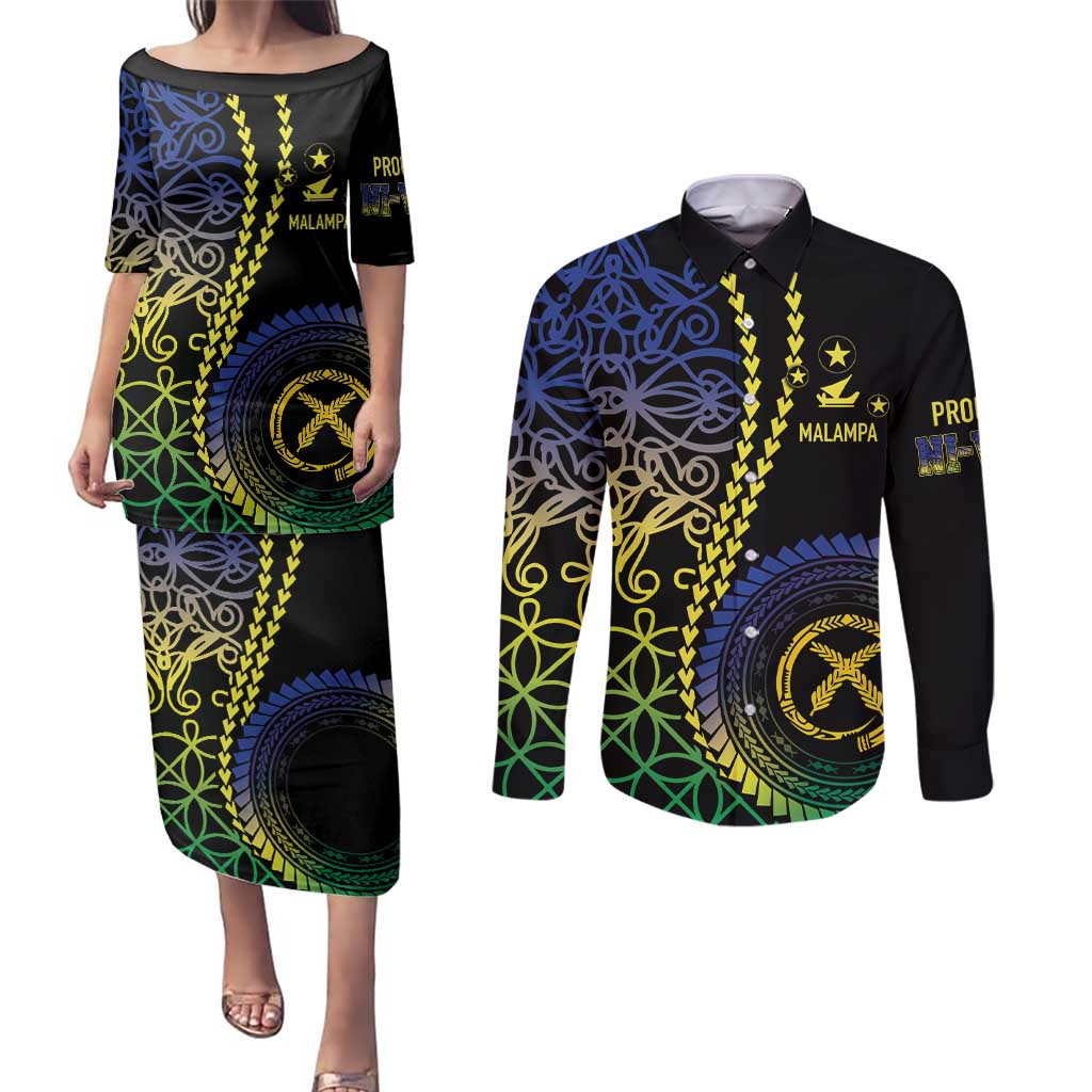 Proudly Ni-Van Sandroing Inspired Couples Matching Puletasi and Long Sleeve Button Shirt Malampa Classic Style LT7 Colorful - Polynesian Pride