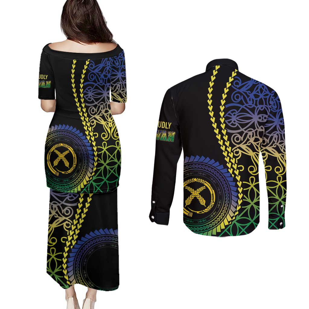 Proudly Ni-Van Sandroing Inspired Couples Matching Puletasi and Long Sleeve Button Shirt Malampa Classic Style LT7 - Polynesian Pride