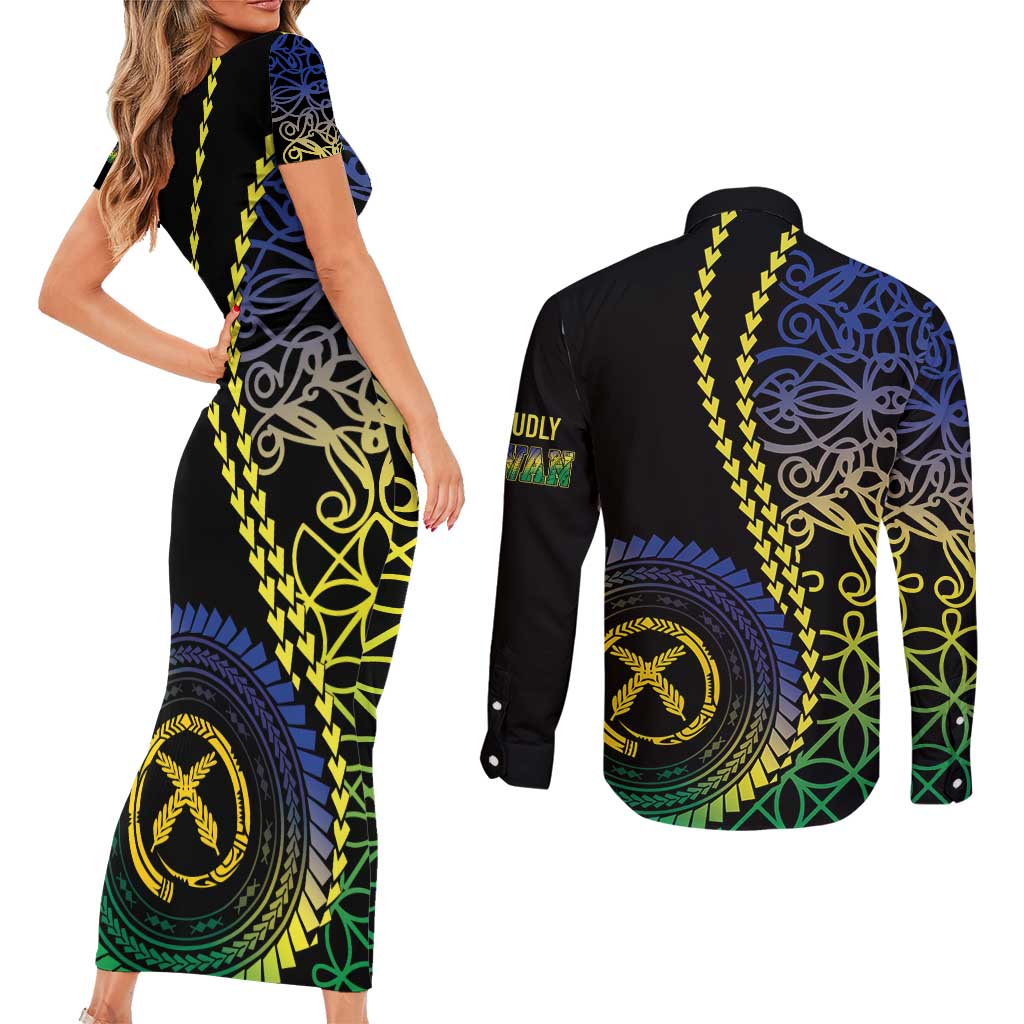 Proudly Ni-Van Sandroing Inspired Couples Matching Short Sleeve Bodycon Dress and Long Sleeve Button Shirt Malampa Classic Style LT7 - Polynesian Pride